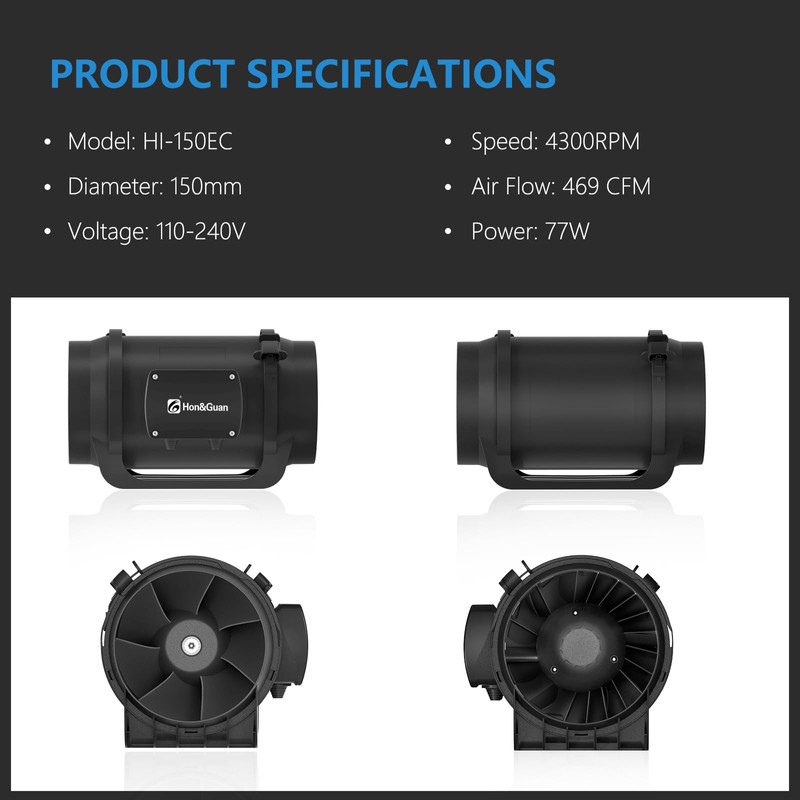 Hon&Guan Inline Duct Fan 469 CFM, 6 inch inline fan