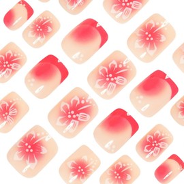 YoYoee 24-Piece Short Square Press on Nails - French Small flowers False Nails | Gradient Fake Nails for Women Elegant & Durable Artificial Nails for Instant Manicure