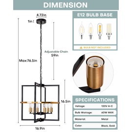 JHLBYL Black and Gold Chandelier: 6-Light Geometric with Reinforced Center Ring - Farmhouse Pendant Light Adjustable Hanging for Dining Room Kitchen Island Entryway - E12 Base