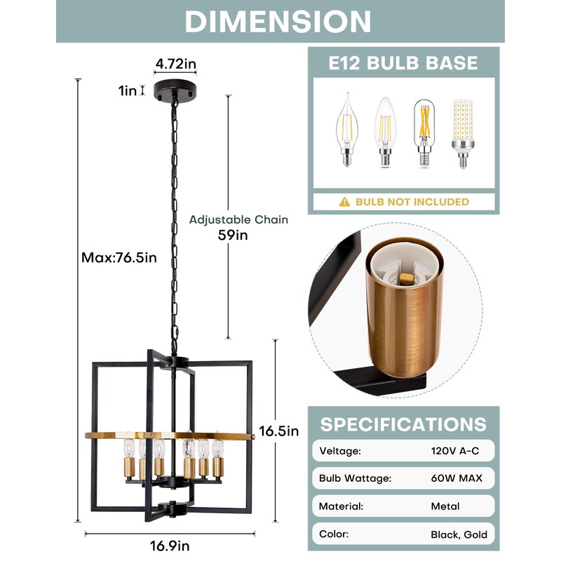JHLBYL Black and Gold Chandelier: 6-Light Geometric with Reinforced Center