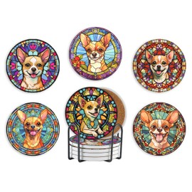 Onebttl Chihuahua Gifts Coaster, Ceramic, Set of 6, with Gift Box, Absorbent with Cork Base, Gifts for Chihuahua Lovers, Home Decor for Housewarming, Thanksgiving, Birthday, Christmas