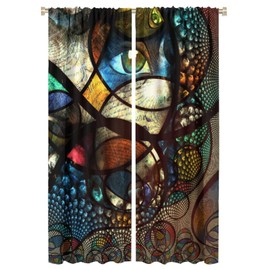 Modern Curtains,Stained Glass Abstract Style with Fractal Rounds Forms and Eyes Theme Blackout Window Door Curtains for Bedroom Living Room Kitchen Bathroom Decor W42xL63in