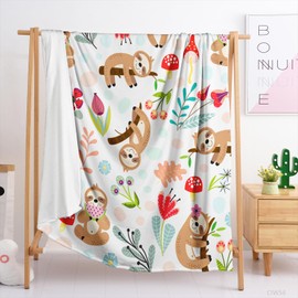 QOOMO Cartoon Sloth Flannel Blanket, Cute Animal Flannel Blanket, Botanical Flowers Sofa Decor, Cozy Soft Lightweight Suitable for All Seasons Full Size (70"x55")