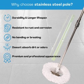 CICLONE ISPINMOP Stainless Steel Mop Handle 61" to 70" Long - Heavy Duty Spin Mop Replacement Stick - Commercial & Industrial Use Suitable for Home, Office, Hospitals, Hotels for Floor Cleaning