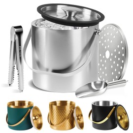 Ice Bucket, Ice Bucket with Silicone Sealing Ring Double-Wall Vacuum Insulation Champagne Buckets with Filter Layer Ice Tongs Ice Scoop (Silver, 3 L)