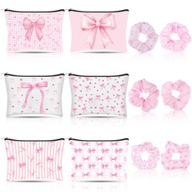 6 Set Pink Coquette Bow Gifts Include 6 Pink Bow Makeup Bags 6 Silk Hair Scrunchies for Women Girls Preppy Cosmetic Bag Scrunchie for Wedding Birthday Mother's Day Nurses Day Coquette Party Favors