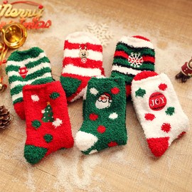 CLOOOUDS Women Christmas Fuzzy Socks Fluffy Socks Winter Warm Cozy Striped Socks Crew