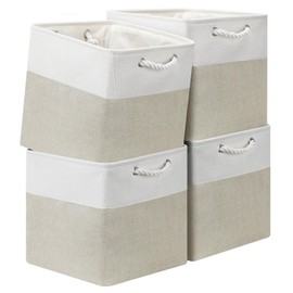 13x13 Storage Cube Bins 4Pack,Collapsible Cube Storage Organizer for Closet, Fabric Storage Box w/ Rope Handles, Foldable Storage Baskets for Shelves, Clothes,Closet Organization - White/Coffee