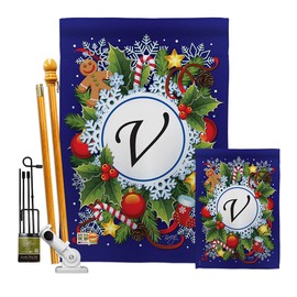 Winter V Initial Garden House Flags Kit Monogram Wintertime Wonderland Snowflake Snowman Ice Skate Season Snow Small Decorative Gift Yard Banner Made In USA 28 X 40