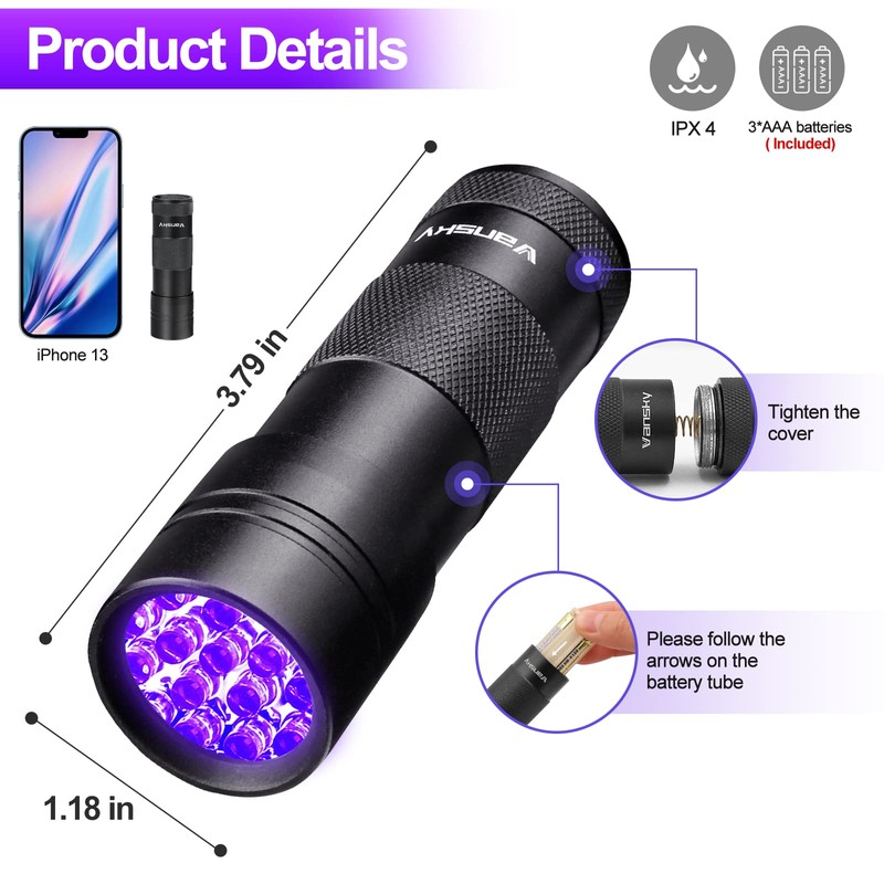 Black Light UV Flashlight,Vansky Blacklight 12 LED Urine Detector For