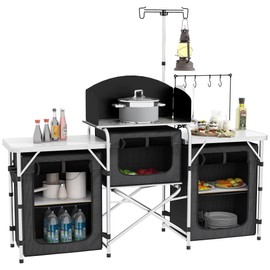 Outsunny Camping Kitchen Table, Portable Folding Camp Kitchen, Aluminum Cook Station with 3 Fabric Cupboards, Windshield, Carrying Bag for BBQ, RV, Picnic, Black