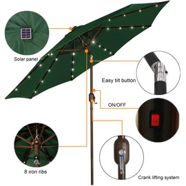 Blissun 9 ft Solar Umbrella, 32 LED Lighted Patio Umbrella, Table Market Umbrella, Outdoor Umbrella for Garden, Deck, Backyard, Pool and Beach (Dark Green)