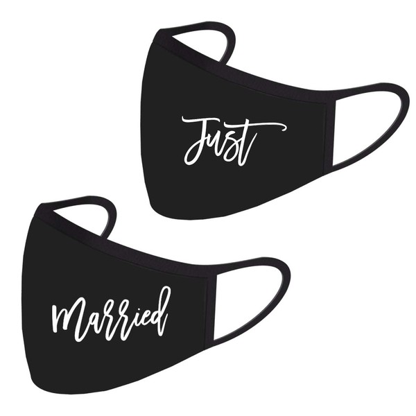Andaz Press Wedding Collection Face Mask, Just Married Design, Washable and Reusable, Black Cloth Face Masks with 1 Replaceable PM 2.5 Protection Filter, Adult Mask for Bride and Groom, 2-Pack