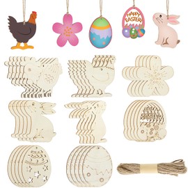 JSRQT 40Pcs Easter Wood Craft Pendants, 8 Different Design Bunny Egg Unfinished Wooden Ornament Tags, Blank Wood Slices Hanging Pendant with Hole, Easter Wood Painting DIY Craft for Party Home Decor