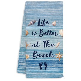 Jvpke Coastal Beach Kitchen Towels, Life is Better at The Beach Seashell Decorative Dish Tea Towels, Coastal Nautical Hand Towels for Bathroom, Coastal Kitchen Bathroom Decor, 16x24 Inch