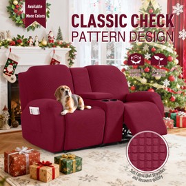 TAOCOCO Loveseat Recliner Cover with Middle Console, Stretch Loveseat Cover for 2 Seat Recliner Couch, Jacquard Reclining Sofa Covers Loveseat Slipcover Furniture Protector, Burgundy