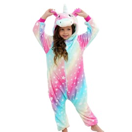 CHETOSHO Girls Unicorn Onesie Hooded Animal Costume for Girls Oblique stripe starry pink blue 4-5 Years
