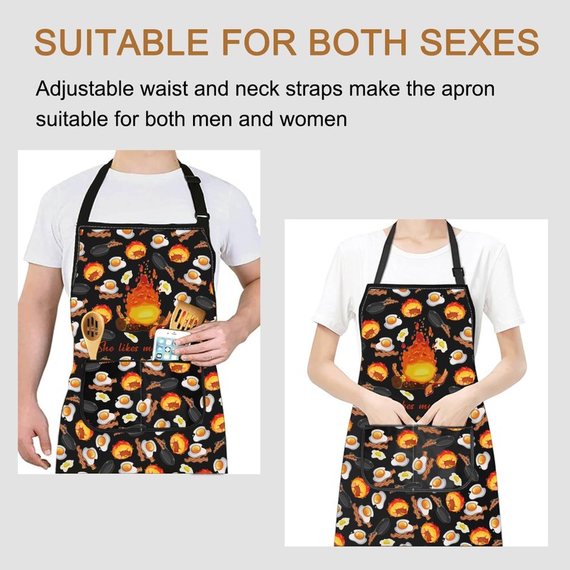 Fire Cartoon Pattern Kitchen Apron With Pocket Anime Fire Gift