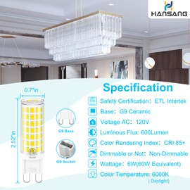 10 Pack G9 LED Bulb 6W (60W Halogen Replacement) 6000K Daylight T4 Chandelier Light Bulbs, Hansnag G9 Bi Pin Ceramic Base 600LM, AC120V 360°Beam Angle for Home Lighting, Non-Dimmable