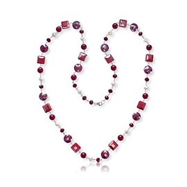 Hand Beaded Wire Wrapped Multi-shape Crystal & Cultured Fresh Water Pearl Long or Multi-strand Necklace in Opaque-Red Iridescent Crystal, about 37" Inches Long