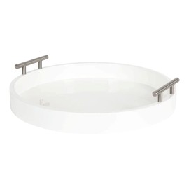 White Gorgeous Round Ottoman Tray for Living Room 15.5" Diameter Size, Wood Material, Silver Metal Handles, Modern & Contemporary Style, Glossy Finish | Pretty Ivory Shade, Sturdy and Highly Durable