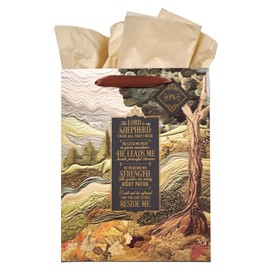 Christian Art Gifts Large Portrait Gift Bag, Tag & Tissue Paper Set for Men & Women: Lord is My Shepherd Inspirational Scripture, Scenic Multicolor Landscape w/Gold, Brown Satin Handles
