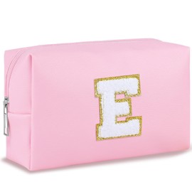 URSKYTOUS - Bolsa de maquillaje con inicial para mujer, bolsa de cosméticos pequeña, bonita bolsa de maquillaje rosa para cartera, organizador de artículos de cambiador con cierre, piel sintética, brochas de maquillaje, bolsa de almacenamiento para Navid