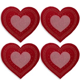OWENIE - Juego de 4 manteles individuales de corazón para el día de San Valentín, diseño de corazón rojo bordado con lentejuelas y decoración de mesa de boda, 34.29 x 38.1 cm, color rojo