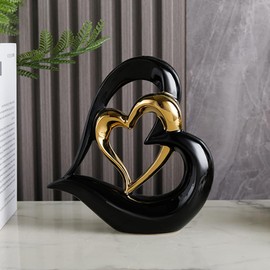 ODMYZG Double Heart Ornament, Double Heart Ceramic Statue, Home Decoration, Creative Home Decoration, Gift, Office, Living Room, Decoration, Souvenir, Suitable for Gift. (Black Gold D)