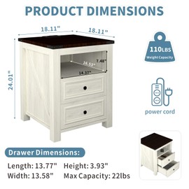 MUUEGM 24" End Tables for Living Room, Withe Night Stand with Charging Station and 6.5ft Power Cord, Side Tables for Bedroom with 2 Drawers, Bedside Table Set of 1