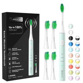 Arisson Sonic Electric Toothbrush for Adults and Kids with 4 Brush Heads, Type C Fast Charging, 40,000 VPM, 3 Mode with 2 Minutes Smart Timer, 1.6 Oz-White on Powder Blue