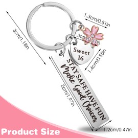 Tyqour Sweet 16 Keychain Heart Flowers Inspirational 16th Birthday Keychain Stay Safe Have Fun Keychain for Daughter, Sister, Girlfriend, Family, Birthday Gift Girl, silver