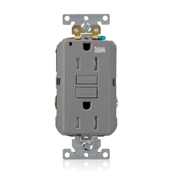 Leviton G5262-WTG 15A-125V Extra-Heavy Duty Industrial Grade Weather/Tamper-Resistant Duplex Self-Test GFCI Receptacle, Gray, 15-Amp
