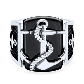 Personalize Black Onyx Gemstone Mens Big Rectangle Signet Nautical Navy Rope Boat Anchor Ring For Men Checker .925 Sterling Silver Made In Turkey