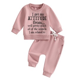 RWYBEIW Toddler Baby Girl Clothes 1-6 Years Fall Winter Outfit Funny Letter Long Sleeve Solid Color Sweatshirt Tops Pants Set (I get my ATTITUDE from-Pink, 0-6 Months)
