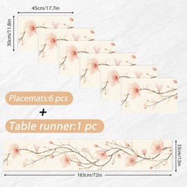 ANNA QUEEN Floral Table Runner and Placemats Set of 6, 13"x72" Beige Blossom Table Runner with 12"x18" Placemats, Flower Dining Table Decor for 4 to 6 People, Elegant Kitchen Set