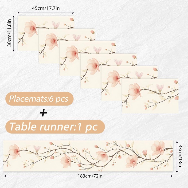 ANNA QUEEN Floral Table Runner and Placemats Set of 6,