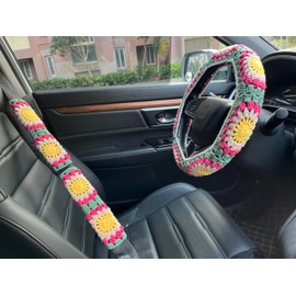 YDMZZB Crochet Sunflower Car Steering Wheel Covers Universal 14-15 inch for Women/Men (B:Wheel Cover+2 Belt Cover)