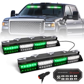 HLauto 604N Emergency Dash Strobe Lights w/Controller: 2x16.8 inch Green White Security Light w/Take Down, 48 LED Safety Flashing Warning Hazard Interior Windshield Light Bar for Trucks Vehicles