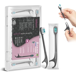 Pinkart 12-Pack Disposable Toothbrushes with Toothpaste - Mini Travel Toothbrushes, Built-in Tongue Scraper, Floss & Picks, Individually Wrapped for On-The-Go, Camping, Work - Mint Flavor (Black)