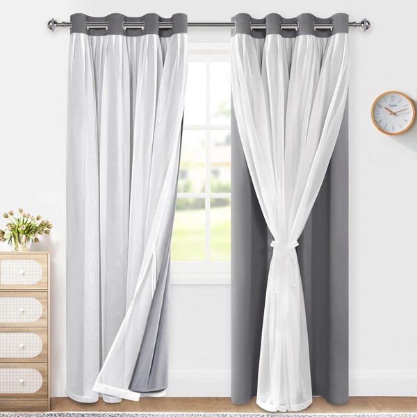XWZO 100% Blackout Double Layer Curtains, Blackout Curtains with Sheer