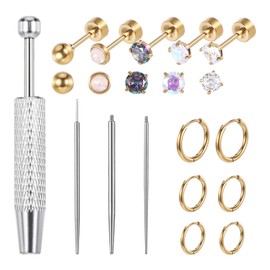 Piercing Ball Grabber Tool for Changing Jewelry, 16G 18G Piercing Kit Including Flat Back Earrings Grabber Tool Threadless Insertion Pin, Flatback Stud Earrings for Ear Piercer (Gold Earrings)
