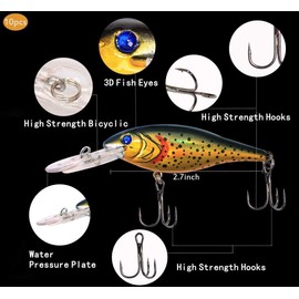 10Pcs Hard Fishing Lures Bait Minnow Lure Bass CrankBait Life-Like Swimbait Deep Diving Sinking Lures with Treble Hook for Bass Trout