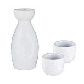 Happy Sales HSSK-TO3WF, Japanese Design Ceramic Sake Set Tokkuri 5 fl oz Bottle with Two Sake Ochoko Cups 2 fl oz (White)