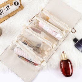 Surblue Travel Roll-Up Makeup Bag 4-in-1 Portable Removable Storage Pouches Detachable Waterproof Toiletry Bag Foldable Adjustable Hanging Cosmetic Organizer for Women,Coffee