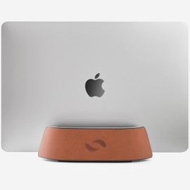 HumanCentric Laptop Holder Vertical Laptop Stand - Adjustable Holder and Dock, Laptop Vertical Stand Fits MacBook Pro and Other Laptops .5" to 1.5", Upright Laptop Holder for Desk, Cognac Leather