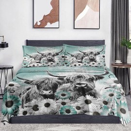 WeCozy 4 Pieces King Size Bed Sheet Sets with Pillowcases, Highland Cow Animal Soft Microfiber Bedding for Kids and Adults, Buffalo Bull Farm Daisy Flat, Fitted Sheet for Bedroom Bed Decor