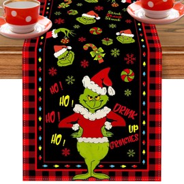 GreenYeah Christmas Table Runner, Green Monster Christmas Table Runner, Green Elf Christmas Table Runner, Linen Christmas Tablecloth, Winter Holiday Rustic Kitchen, Dining Room Decoration, 40 x 180 cm