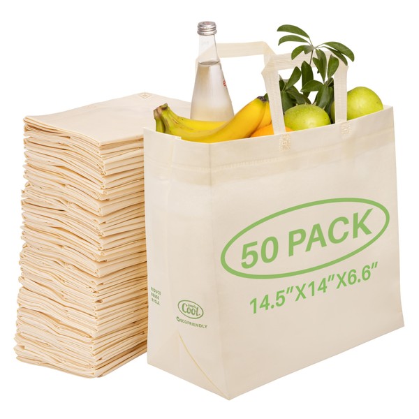 Simply Cool 50 Pack Reusable Eco-Friendly Large Grocery Shopping Bags 14.5"x14"x6.6" Durable, Recyclable,Washable, Foldable, Portable Tote Bags Bulk (50 Pack Reusable Bags, Cream)