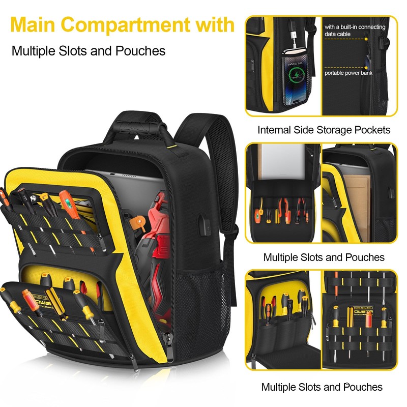 POWSTR 18 in Heavy-duty Tool Backpack with USB Port,Waterproof Electrician